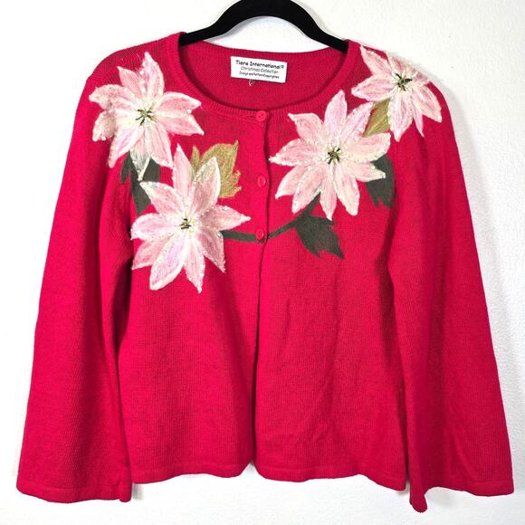 Vintage Tiara Cardigan Sweater Womens M Pink Embellished Poinsettia Festive - Picture 1 of 8